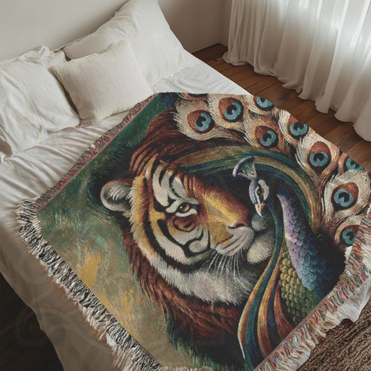 Regal Tiger & Peacock Woven Blanket – Bold Nature Art – Boho Animal Throw – Mystical Wildlife Tapestry – Cotton Woven Decor – Jungle & Majestic Beauty