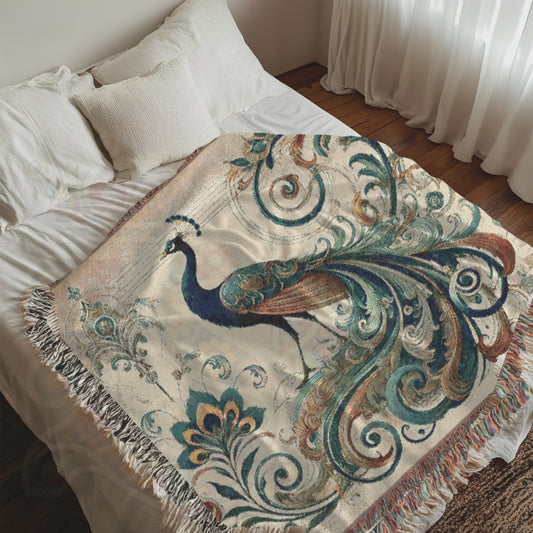 Regal Peacock Graceful Dance Woven Blanket – Bird Peacock Collection Home Decor Throw