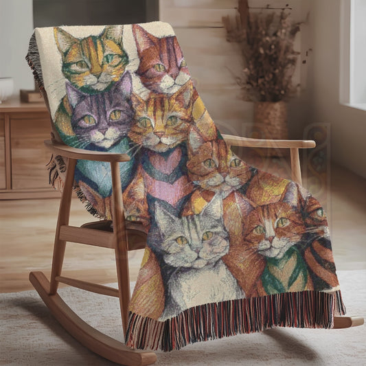 Colorful Cat Rows – Vibrant Folk Art Woven Throw Blanket with Playful Cats