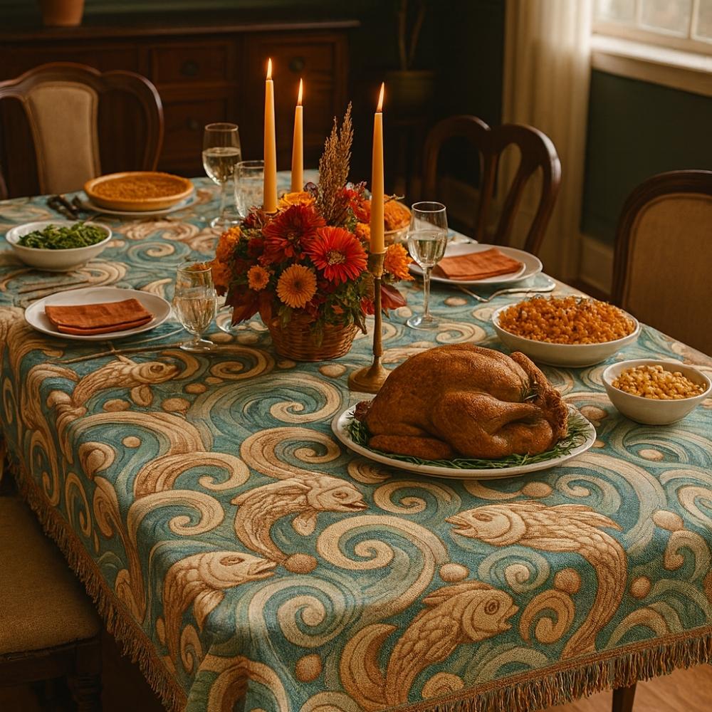 River Dance Folk Art Woven Blanket – Vibrant Fish & Flowing Water Nature-Inspired Throw