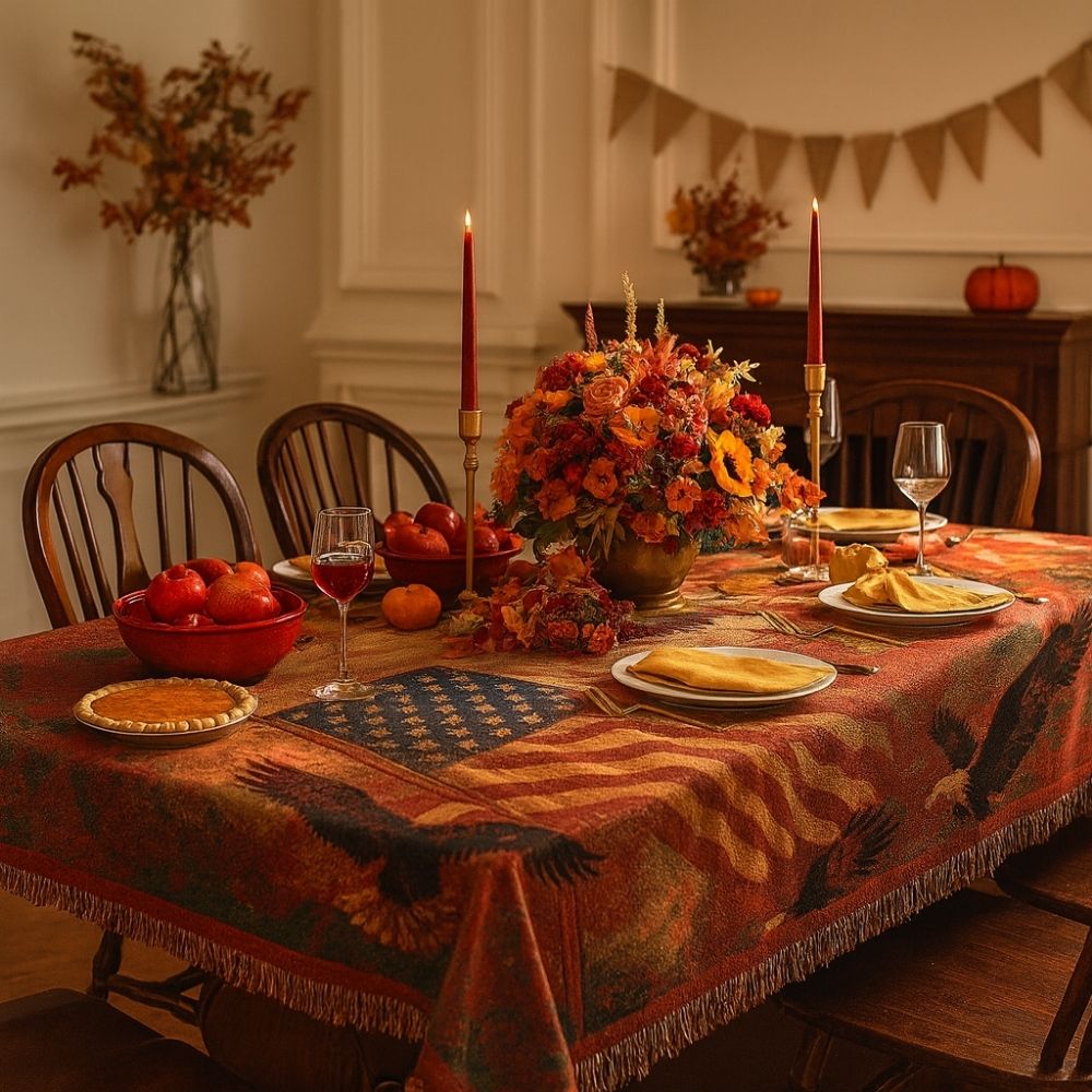 Dining table set for a meal with autumn decorations, including pumpkins and candles.