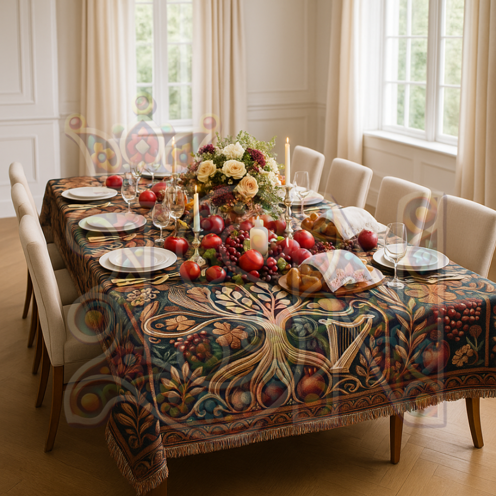 Dining table set with a decorative tablecloth, plates, and fruit in a bright room.